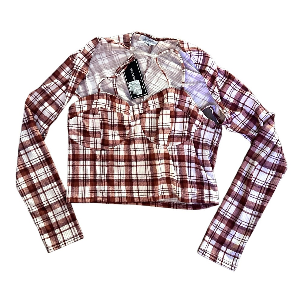 Just Polly NY Plaid Crop Top Bolero Shrug Set Red White Brown Ribbed NWT L